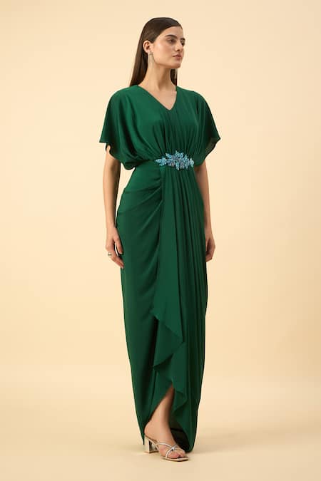 Buy_Aakaar_Green Silk, Crepe Beads V-neck Draped Maxi Dress _Online_at_Aza_Fashions