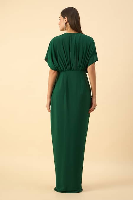 Shop_Aakaar_Green Silk, Crepe Beads V-neck Draped Maxi Dress _at_Aza_Fashions