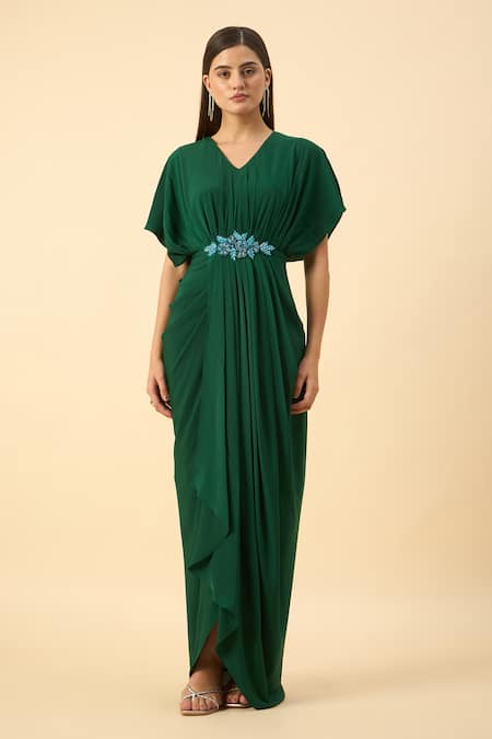 Shop_Aakaar_Green Silk, Crepe Beads V-neck Draped Maxi Dress _Online_at_Aza_Fashions