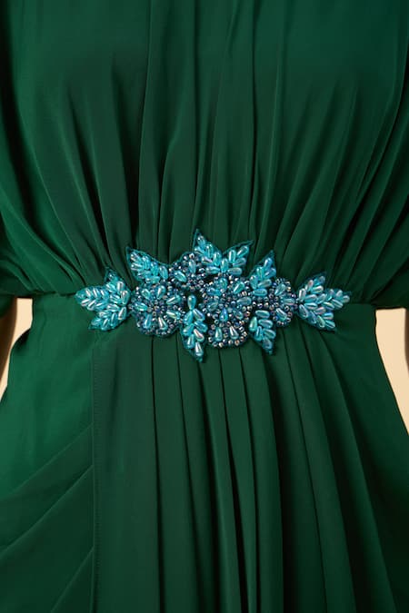 Aakaar_Green Silk, Crepe Beads V-neck Draped Maxi Dress _at_Aza_Fashions
