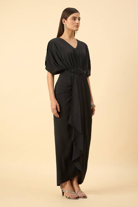 Aakaar Black Silk Beads V-neck Pure Crepe Draped Dress Online at Aza Fashions Aakaar_Black Silk Beads V-neck Pure Crepe Draped Dress _Online_at_Aza_Fashions