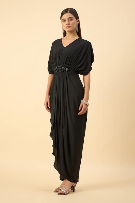 Buy Aakaar Black Silk Beads V-neck Pure Crepe Draped Dress Online at Aza Fashions Buy_Aakaar_Black Silk Beads V-neck Pure Crepe Draped Dress _Online_at_Aza_Fashions