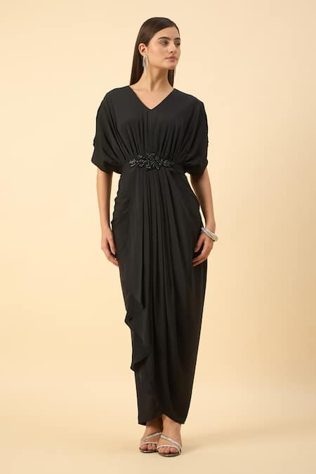 Aakaar Black Pure Silk Crepe Draped Dress 