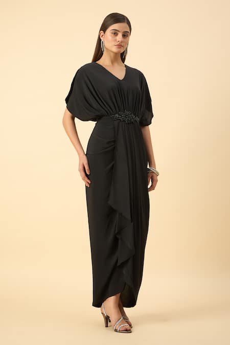 Shop Aakaar Black Silk Beads V-neck Pure Crepe Draped Dress Online at Aza Fashions Shop_Aakaar_Black Silk Beads V-neck Pure Crepe Draped Dress _Online_at_Aza_Fashions
