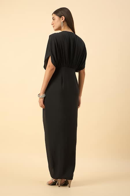 Shop Aakaar Black Silk Beads V-neck Pure Crepe Draped Dress at Aza Fashions Shop_Aakaar_Black Silk Beads V-neck Pure Crepe Draped Dress _at_Aza_Fashions