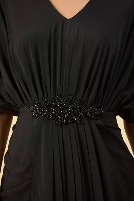 Aakaar Black Silk Beads V-neck Pure Crepe Draped Dress at Aza Fashions Aakaar_Black Silk Beads V-neck Pure Crepe Draped Dress _at_Aza_Fashions
