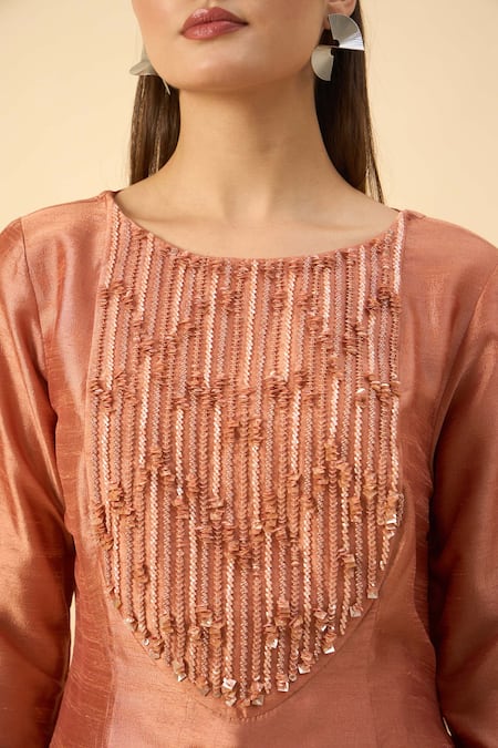 Aakaar_Orange Silk Beads Round Neck Matka Tunic And Skirt Set _Online_at_Aza_Fashions