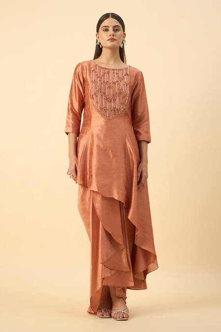 Buy_Aakaar_Orange Silk Beads Round Neck Matka Tunic And Skirt Set _Online_at_Aza_Fashions