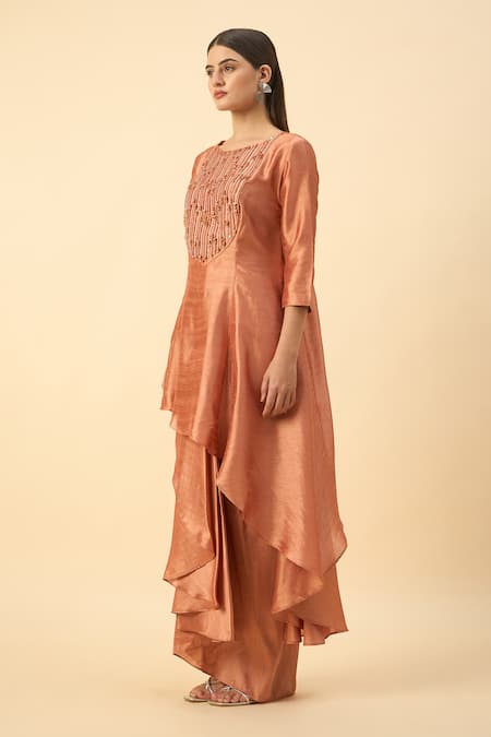 Shop_Aakaar_Orange Silk Beads Round Neck Matka Tunic And Skirt Set _Online_at_Aza_Fashions
