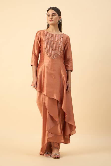 Aakaar Orange Matka Silk Tunic & Skirt Set 