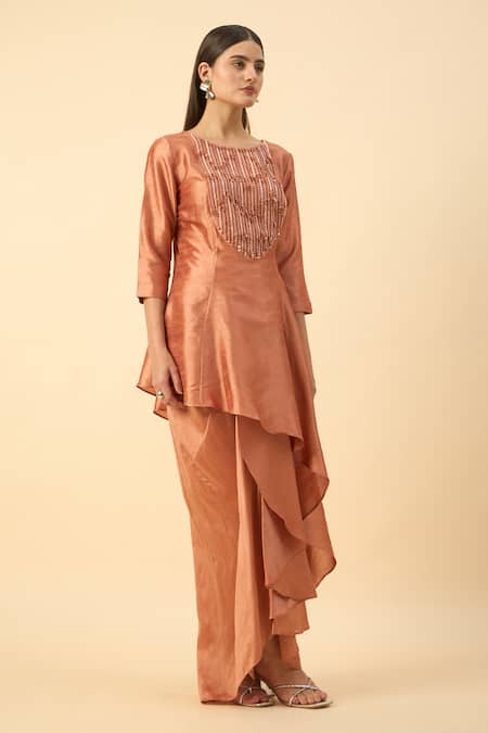 Aakaar_Orange Silk Beads Round Neck Matka Tunic And Skirt Set _at_Aza_Fashions