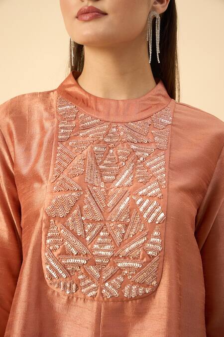 Aakaar_Orange Silk Embroidery Round Neck Designer Matka Dhoti Set _Online_at_Aza_Fashions