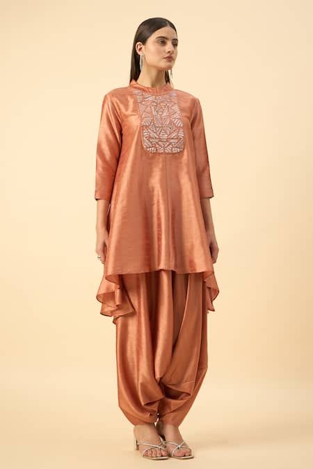 Buy_Aakaar_Orange Silk Embroidery Round Neck Designer Matka Dhoti Set _Online_at_Aza_Fashions