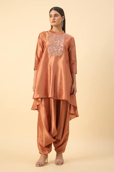 Shop_Aakaar_Orange Silk Embroidery Round Neck Designer Matka Dhoti Set _Online_at_Aza_Fashions