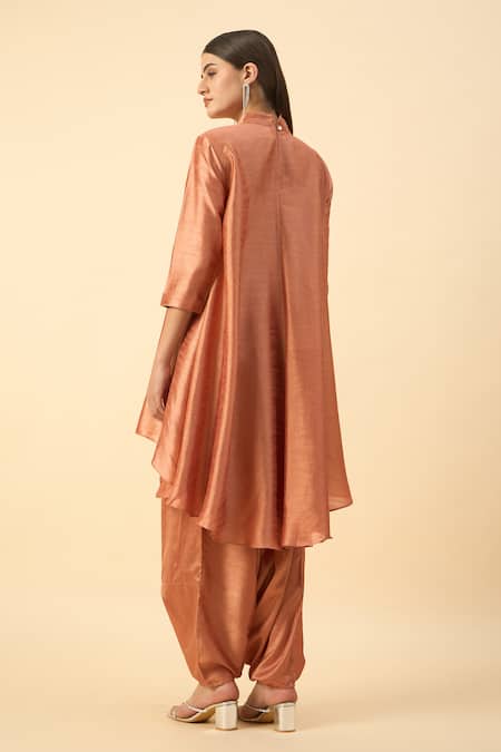 Shop_Aakaar_Orange Silk Embroidery Round Neck Designer Matka Dhoti Set _at_Aza_Fashions