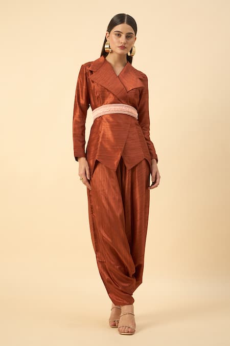 Aakaar Brown Silk Copper Matka Dhoti Set Online at Aza Fashions Aakaar_Brown Silk Copper Matka Dhoti Set _Online_at_Aza_Fashions