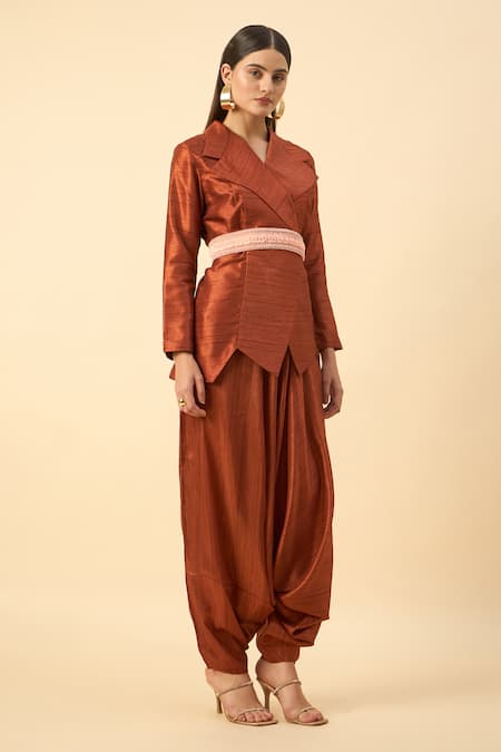 Aakaar Brown Silk Copper Matka Dhoti Set at Aza Fashions Aakaar_Brown Silk Copper Matka Dhoti Set _at_Aza_Fashions
