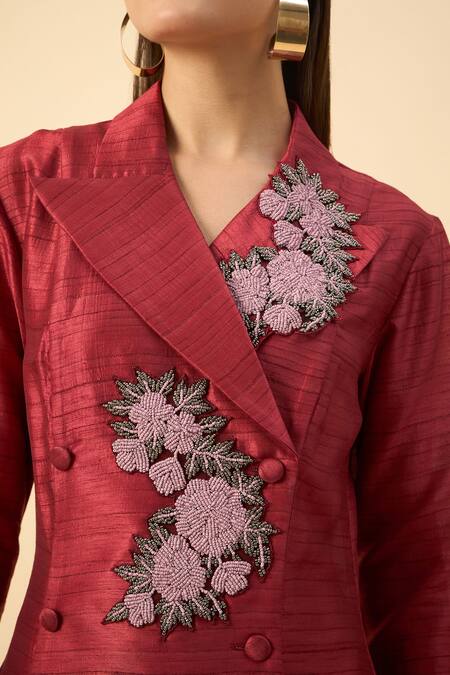 Aakaar_Red Cotton, Silk Beads, Embroidery Split V-neck Crimson Tunic And Palazzo Set _Online_at_Aza_Fashions