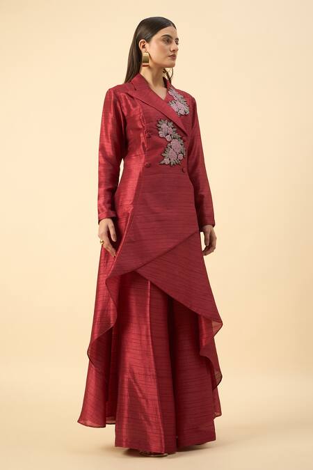 Buy_Aakaar_Red Cotton, Silk Beads, Embroidery Split V-neck Crimson Tunic And Palazzo Set _Online_at_Aza_Fashions