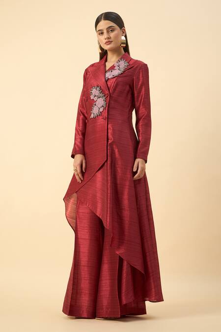 Shop_Aakaar_Red Cotton, Silk Beads, Embroidery Split V-neck Crimson Tunic And Palazzo Set _Online_at_Aza_Fashions