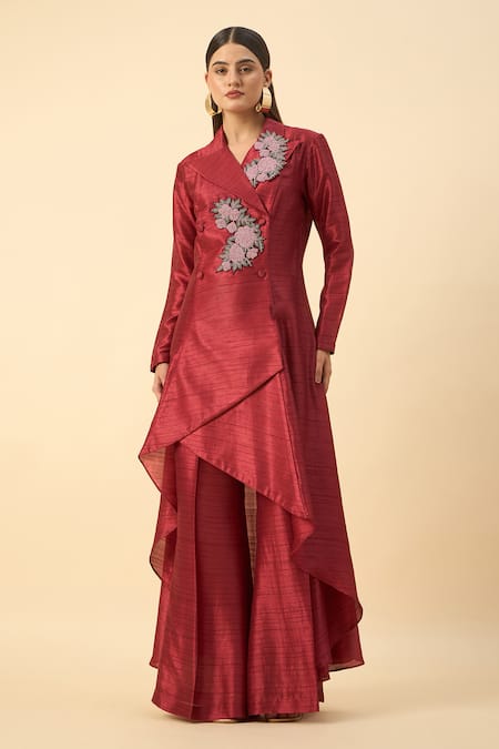 Aakaar_Red Cotton, Silk Beads, Embroidery Split V-neck Crimson Tunic And Palazzo Set _at_Aza_Fashions