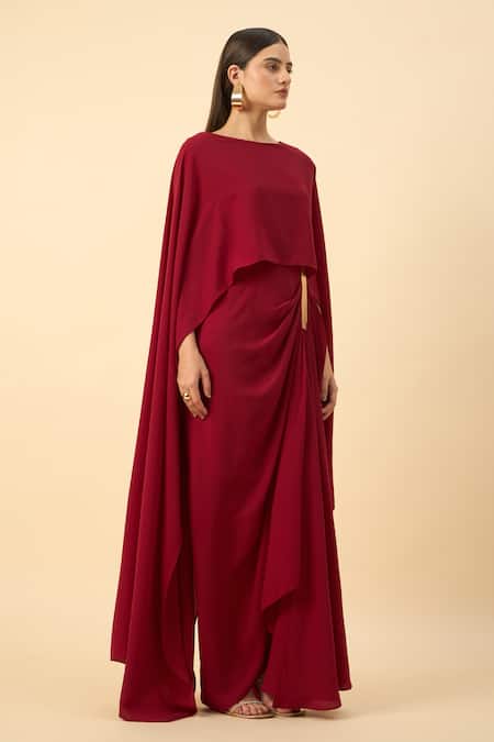 Aakaar_Red Boat Neck Moss Crepe Draped Maxi Dress _Online_at_Aza_Fashions
