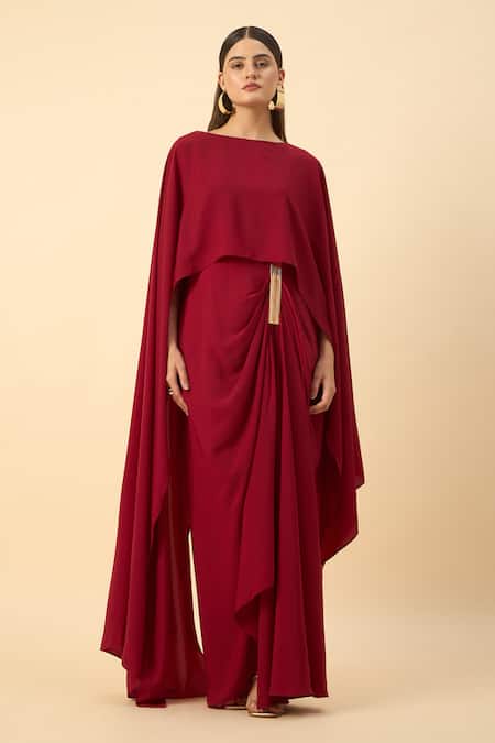 Buy_Aakaar_Red Boat Neck Moss Crepe Draped Maxi Dress _Online_at_Aza_Fashions