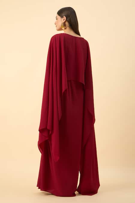 Aakaar Red Moss Crepe Draped Maxi Dress 
