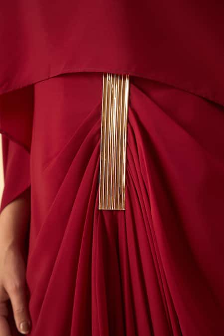 Aakaar_Red Boat Neck Moss Crepe Draped Maxi Dress _at_Aza_Fashions