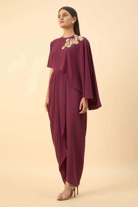 Aakaar_Purple Embroidery Round Neck Draped Maxi Dress _Online_at_Aza_Fashions