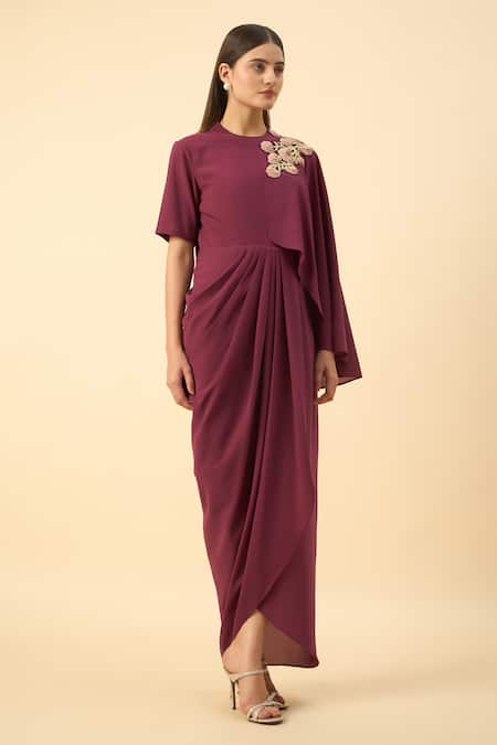 Buy_Aakaar_Purple Embroidery Round Neck Draped Maxi Dress _Online_at_Aza_Fashions