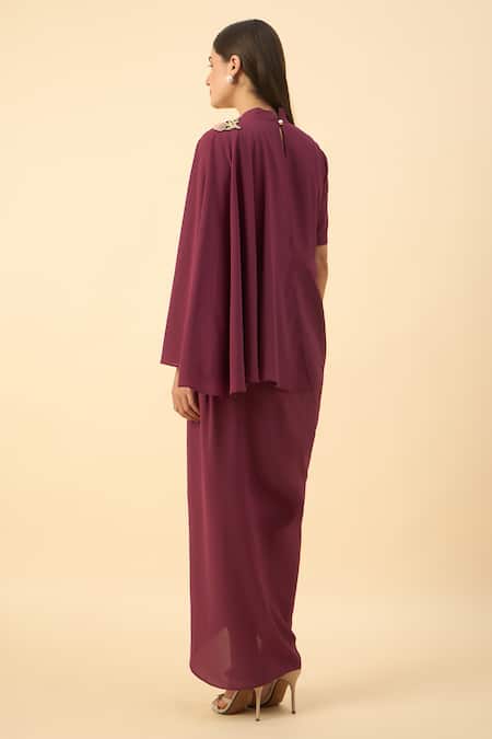 Shop_Aakaar_Purple Embroidery Round Neck Draped Maxi Dress _at_Aza_Fashions