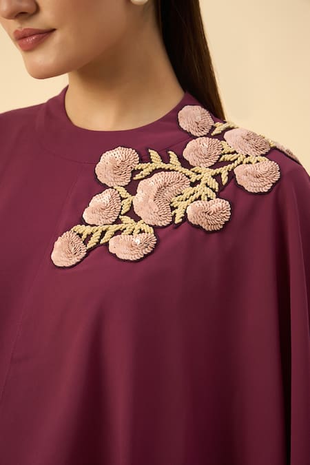Shop_Aakaar_Purple Embroidery Round Neck Draped Maxi Dress _Online_at_Aza_Fashions