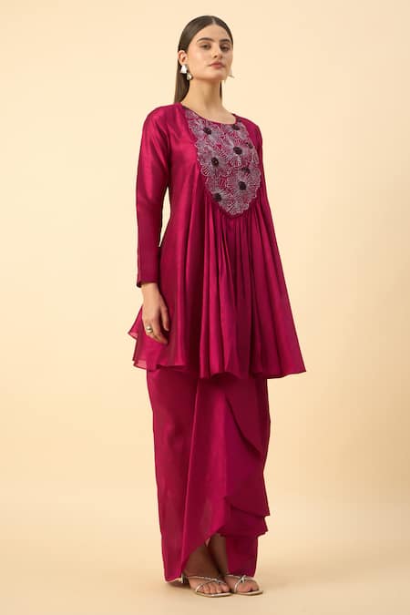 Aakaar Pink Silk Beads, Embroidery Round Neck Matka Tunic And Draped Skirt Set Online at Aza Fashions Aakaar_Pink Silk Beads, Embroidery Round Neck Matka Tunic And Draped Skirt Set _Online_at_Aza_Fashions