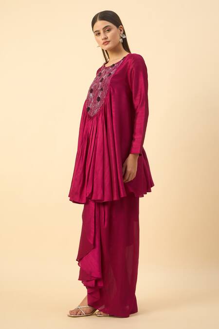 Shop Aakaar Pink Silk Beads, Embroidery Round Neck Matka Tunic And Draped Skirt Set Online at Aza Fashions Shop_Aakaar_Pink Silk Beads, Embroidery Round Neck Matka Tunic And Draped Skirt Set _Online_at_Aza_Fashions