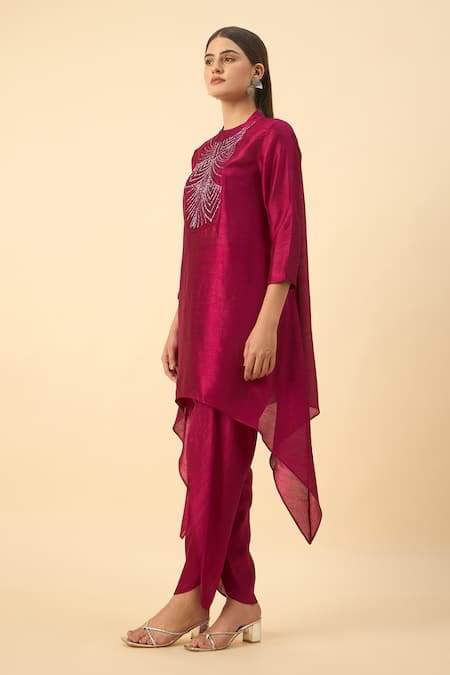 Aakaar_Pink Silk Embroidery Round Neck Matka Tunic And Draped Pant Set _Online_at_Aza_Fashions