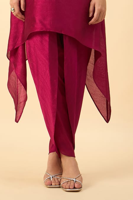 Buy_Aakaar_Pink Silk Embroidery Round Neck Matka Tunic And Draped Pant Set _Online_at_Aza_Fashions