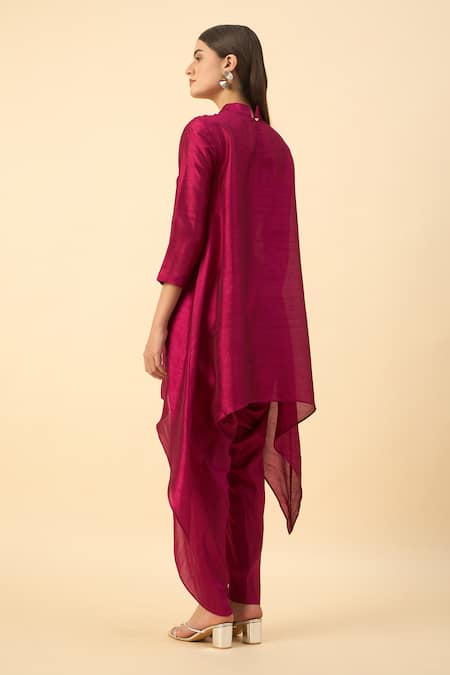 Shop_Aakaar_Pink Silk Embroidery Round Neck Matka Tunic And Draped Pant Set _at_Aza_Fashions