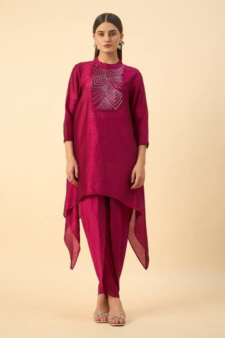 Shop_Aakaar_Pink Silk Embroidery Round Neck Matka Tunic And Draped Pant Set _Online_at_Aza_Fashions