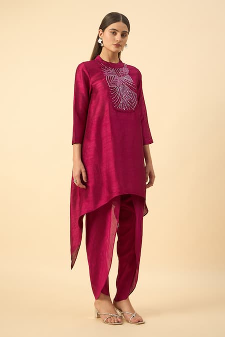 Aakaar_Pink Silk Embroidery Round Neck Matka Tunic And Draped Pant Set _at_Aza_Fashions