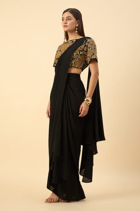 Aakaar_Black Silk, Crepe Embroidery Round Neck Pure Pre-draped Saree Set _Online_at_Aza_Fashions