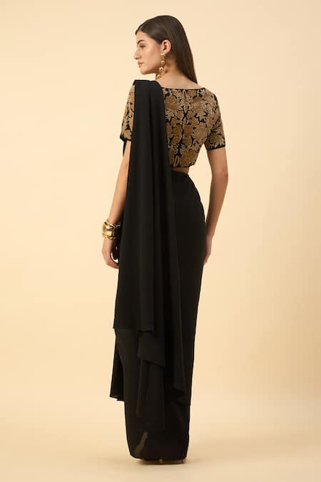 Shop_Aakaar_Black Silk, Crepe Embroidery Round Neck Pure Pre-draped Saree Set _at_Aza_Fashions