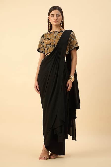 Shop_Aakaar_Black Silk, Crepe Embroidery Round Neck Pure Pre-draped Saree Set _Online_at_Aza_Fashions