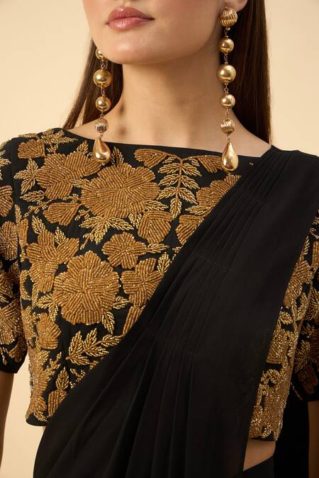 Aakaar_Black Silk, Crepe Embroidery Round Neck Pure Pre-draped Saree Set _at_Aza_Fashions