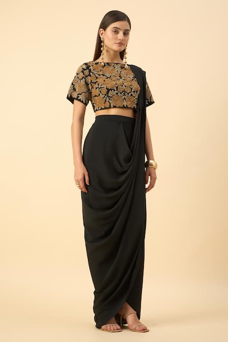 Aakaar_Black Silk, Crepe Embroidery Round Neck Pre-draped Saree Set _Online_at_Aza_Fashions