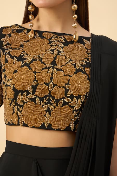 Shop_Aakaar_Black Silk, Crepe Embroidery Round Neck Pre-draped Saree Set _Online_at_Aza_Fashions