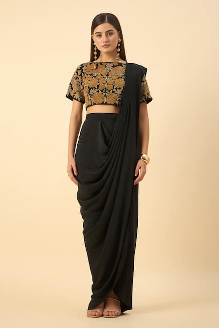 Aakaar_Black Silk, Crepe Embroidery Round Neck Pre-draped Saree Set _at_Aza_Fashions