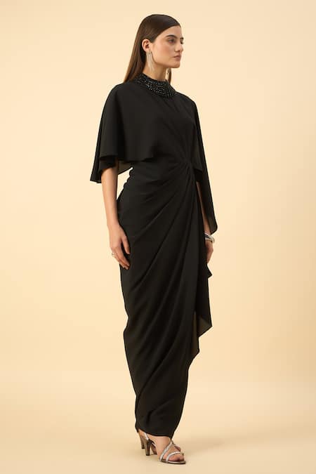 Aakaar_Black Modal Beads High Neck Draped Maxi Dress _Online_at_Aza_Fashions