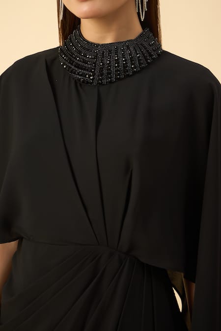 Buy_Aakaar_Black Modal Beads High Neck Draped Maxi Dress _Online_at_Aza_Fashions