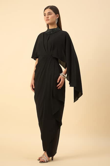 Shop_Aakaar_Black Modal Beads High Neck Draped Maxi Dress _Online_at_Aza_Fashions